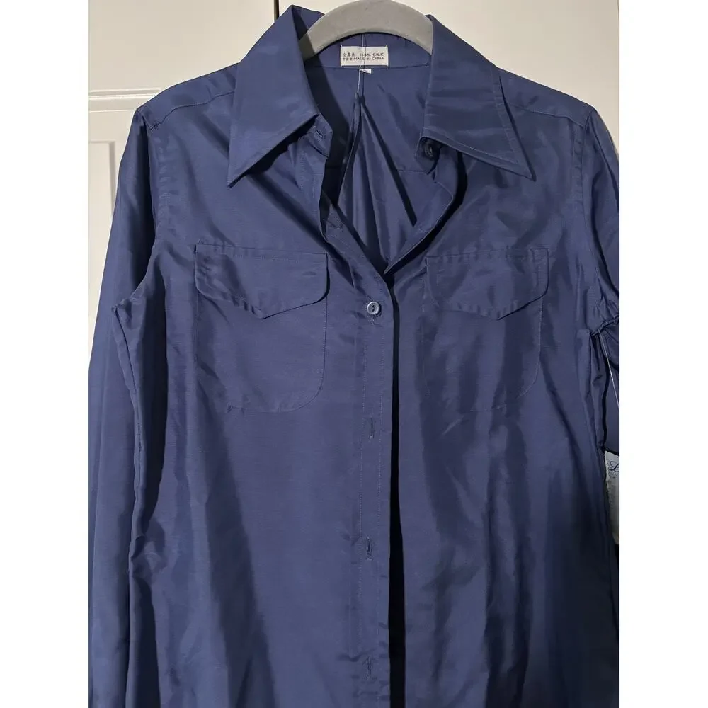 Vintage 100% Silk Blue Button Down Shirt with Tie, Size S - Picture 9 of 11